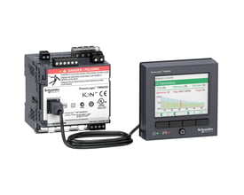Schneider Electric PM8214 24VDC DIN skinne forsyning med eksternt display, der viser I3 harmoniske målinger.