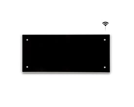 Frontbillede af Adax Clea WiFi elradiator med sort glasfront og WiFi-symbol i øverste højre hjørne.