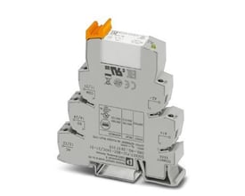 Detaljebillede af Phoenix Contact relæmodul, der viser mærkning for skruetilslutning og 2 CO kontakter, samt orange udløserhåndtag.