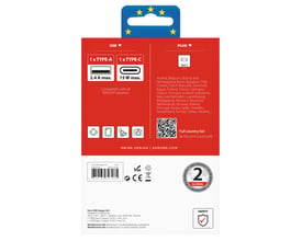 Bagside af Skross Euro USB-opladerens emballage, viser kompatibilitet og landeliste, med QR-kode og produktdetaljer.