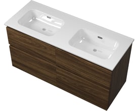 Sanibell Proline møbelsæt i cabana eg med to integrerede hvide porcelænsvaske, måler 121x46cm.