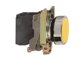 Sidevisning af Schneider Electric gul trykknap XB4BA51, monteret på enhed med klar gul trykflade og kromring.