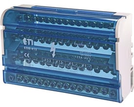 4-polet distributionsblok 125A med mærkat EDB-415, CE og tekniske specifikationer for tilslutning af ledninger.