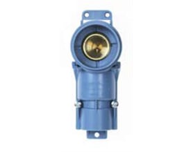 Sanikobling koblingsdåse M4, set forfra med tydelig 1/2" messing gevind og 15mm push-tilslutning til PEX-rør i blå plast.