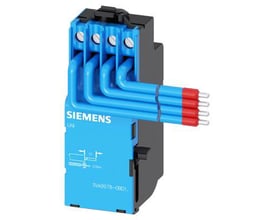 Siemens universal udløser i blå og sort plast, med blå ledninger med røde endestykker der går ind i den blå terminalblok.