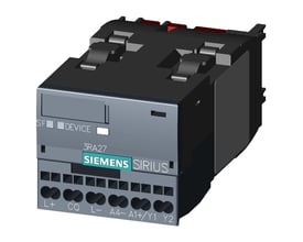 Siemens IO-Link-funktionsmodul 3RA2711-2AA00 til direkte start, set skråt forfra med frontens tilslutninger synlige.
