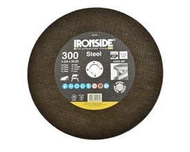 Ironside plan skæreskive til stål, 300 mm, vist forfra med produktmærkat og centralt hul.