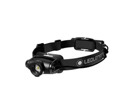 Sort Ledlenser H5R genopladelig pandelampe med justerbar lampe foran og elastisk hovedrem med mærkelogo.