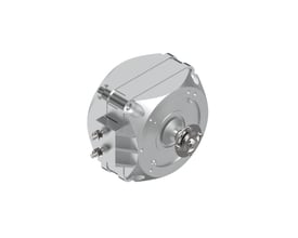 Danfoss ventilatormotor på 5 watt med en robust metalfinish, vist på hvid baggrund.