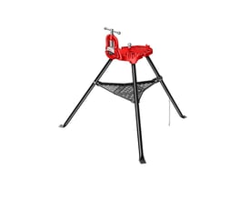 Transportabel Ridgid NR.40-A rørbænk med rød top og sort stativ med værktøjshylde, klar til brug.