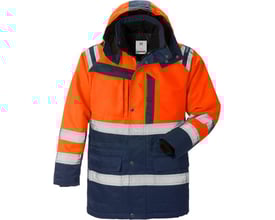 Kansas Hi vis parka jakke i str. L, kombineret i orange og mørkeblå med reflekser, synlig lynlås og fleeceforet krave.