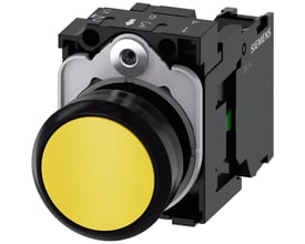 Siemens SIRIUS ACT gul trykknap, 22mm rund i plast med momentan kontakt og 1 NO skrueklemme til montering.
