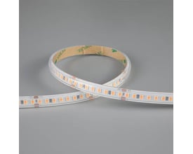 Fleksibelt P-Cell LED bånd på 50 meter, 24V, med 10 mm bredde og 4,5 mm højde, vist på grå baggrund.