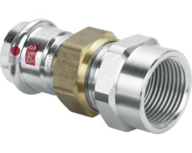 Detaljeret visning af Viega Prestabo overgangsforskruning, der viser 22mm presenden og 3/4" Rp-gevindet med messingdetaljer.