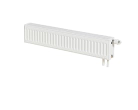 Stelrad Novello Plinth Type33 radiator i hvid, 200mm høj og 2000mm lang med integreret ventil og termostat.