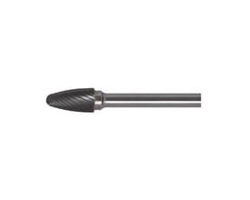 Ironside rotationsfil i hårdmetal, model F 1020 S, med spidset, afrundet filhoved til venstre og skaft mod højre.