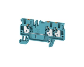 Detaljebillede af Weidmüller A3C gennemgangsklemme, der viser push-in tilslutningens mekanisme og den blå farve.