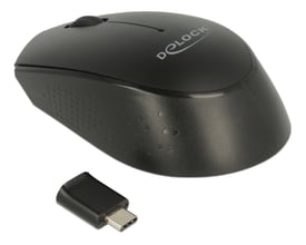 Sort DeLock optisk mini-mus med 3 knapper og 1000 DPI, vist skråt fra siden med USB-C-modtager.