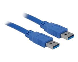 Blåt Delock USB 3.0-kabel på 0,5 meter med USB Type-A-hanstik i begge ender, vist skråt fra oven.