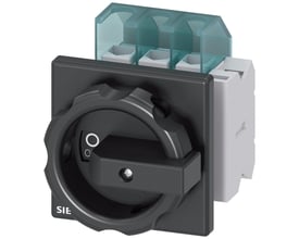 Siemens 3-polet hovedafbryder på 25 A med sort drejehåndtag og synlige tilslutninger set forfra.