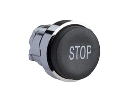 Schneider Electric trykknaphoved ZB4 i sort med hvidt "STOP"-mærkat og kromring på hvid baggrund.
