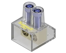 Samlemuffe i klar plast med dobbelte 10 mm² tilslutninger og Torx10 kærv, vist fra en skrå vinkel med gul tekst.