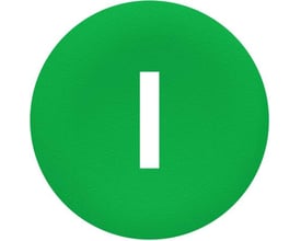 Schneider Electric trykflade med symbolet "I" i hvidt på en grøn cirkulær baggrund, der indikerer en funktion eller status.