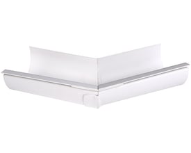 Plastmo udvendig gering 12" i hvid plast, 45° vinkel, viser samlingen mellem to rendestykker med alu-detaljer.