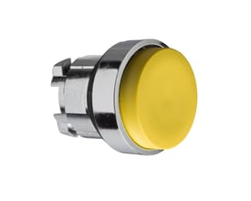 Ophøjet gul trykknap fra Schneider Electric, vist isoleret på hvid baggrund med synlig krom bezel.