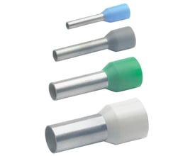 Klauke isolerede terminalrør i fire forskellige farver (blå, grå, grøn, hvid) til 1.5 mm² ledere, DIN 46228 del 4 standard.