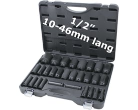 Komplet 29-delt krafttopsæt med lange 6-kant toppe, 1/2" tilslutning, størrelser 10-46mm i sort opbevaringskuffert.