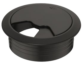 Sort kabelgennemføring på 80 mm med rund flange og åbning til kabler, set skråt ovenfra.