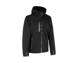ID Identity sort LETV soft shell jakke, størrelse 2XL, vist trekvart forfra med hætten trukket op, fremhæver lynlåse og pasform.
