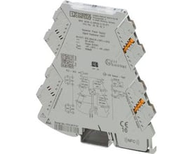 Phoenix Contact Mini MCR-2-RPSS-I-2I-PT signalkonverter med tydelig mærkning af funktioner og tilslutningsdiagrammer på grå plastik. CE-mærket.