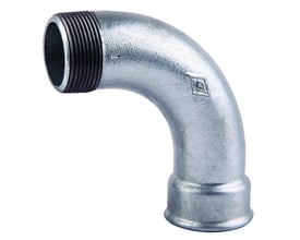 Unico galvaniseret 90 graders bøjning med 2" muffe og nippel til rørinstallation, vist på hvid baggrund.