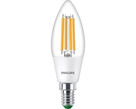 Philips LED kerte med E14 sokkel, 2,3W effekt og 485lm lysstyrke i klar filament-stil. Lampen er hvid med synlige orange lyskilder.