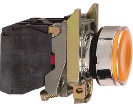 Schneider Electric Harmony lampetryk med orange trykflade og fjeder-retur, vist fra siden med elektriske tilslutninger tydelige.