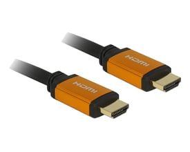 Delock High Speed HDMI kabel på 2 meter med sorte kabler og orange stik med HDMI logo.