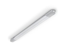 Steinel RS PRO 5150 SC EU indendørs armatur på 1600 mm, hvidt, med grå endestykker og stik. Liggende på hvid baggrund med skygge.