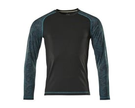 Mascot T-shirt LÆ i sort, størrelse XS, med svedtransporterende og hurtigtørrende materiale. De lange ærmer har en kontrastfarve med et marmoreret mønster.