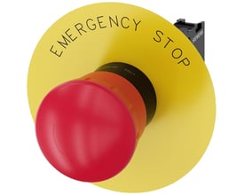 Siemens nødstop med rød paddehattryk og gul bagplade med inskriptionen EMERGENCY STOP.