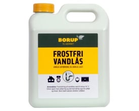 Borup Kemi Frostfri Vandlås 2,5L beholder med gult skruelåg og grøn/gul etikette, beskytter mod frost og lugt.