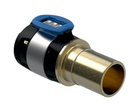 Geberit FlowFit overgang til Mapress i blyfri rødgods, 32x28mm, med blå aktiveringshåndtag.
