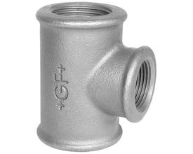 Georg Fischer galvaniseret tee i støbejern med muffegevind. Dimensioner 2" x 1½" x 2", med 90 graders afgrening.