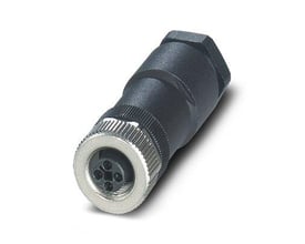 Phoenix Contact SACC-M12FST-3PECON-PG11-M stik med 4 pins, sort hus og metalgevind på hvid baggrund.