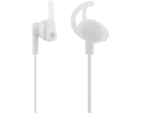 Streetz E120 stay-in-ear headset i hvid, viser et par ørepropper med ørestøtte og en fleksibel kabel på hvid baggrund.