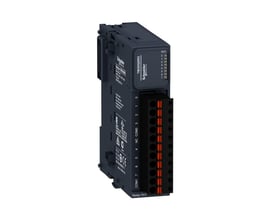 Schneider Electric TM3-modul med 8 relæudgange og fjederklemmer, set forfra med tydelige numre og tilslutningsmuligheder.