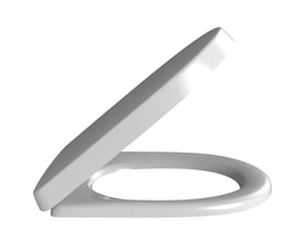 Nærbillede af et åbent Villeroy & Boch O.Novo toiletsæde i hvid hård plast, der viser formen og materialet.