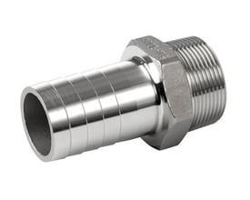 Syrefast slangestuds-nippel BSPT i blankt metal med 6,3 mm slangestuds og udvendigt 1/8-tommers gevind.