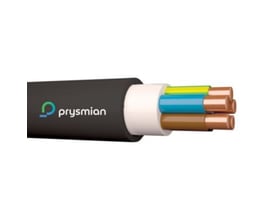 Nærbillede af Prysmian Kabel XPUJ-HF 5G1,5 Dca installationskabel, viser sort yderkappe med logo og fem farvekodede kobberledere.